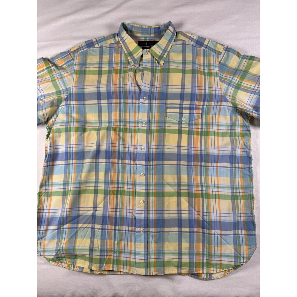 Ralph Lauren Beach Twill Mens 2XB Plaid Short Sleeve Button Down Shirt Pastel